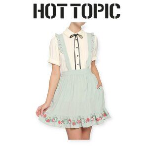 Hot Topic Ruffle Suspender Skirt Frogs & Strawberries Teal Cottagecore Kawaii M